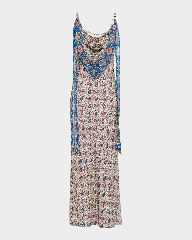 Paisley Scarf Cowl-Neck Satin Chain Maxi Dress
